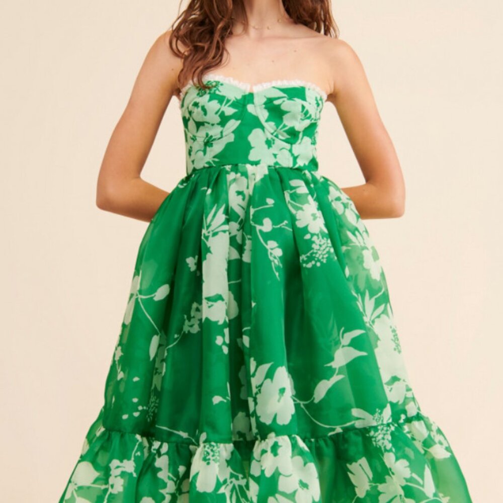 Anthropologie Selkie Floral Corset Dress Puff Hem Green Tea Party (Size XL) - Picture 4 of 7